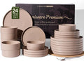 Stoneware Dinnerware Sets for 8, 24-Piece High Edge Plates and Bowls with Speckled Glaze & Spiral Design - Chip & Scratch Resistant, Microwave & Dishwasher Safe - Gift Box, Brown