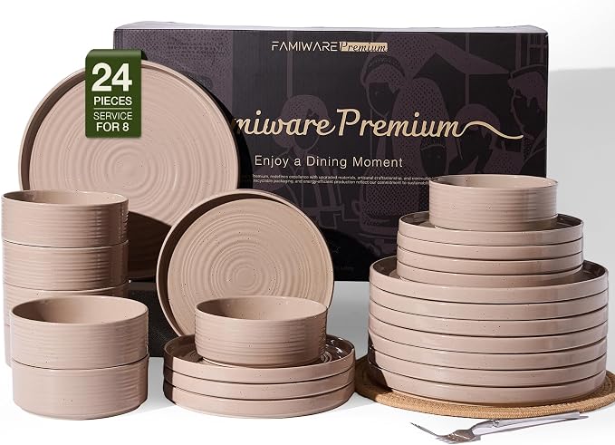 Stoneware Dinnerware Sets for 8, 24-Piece High Edge Plates and Bowls with Speckled Glaze & Spiral Design - Chip & Scratch Resistant, Microwave & Dishwasher Safe - Gift Box, Brown