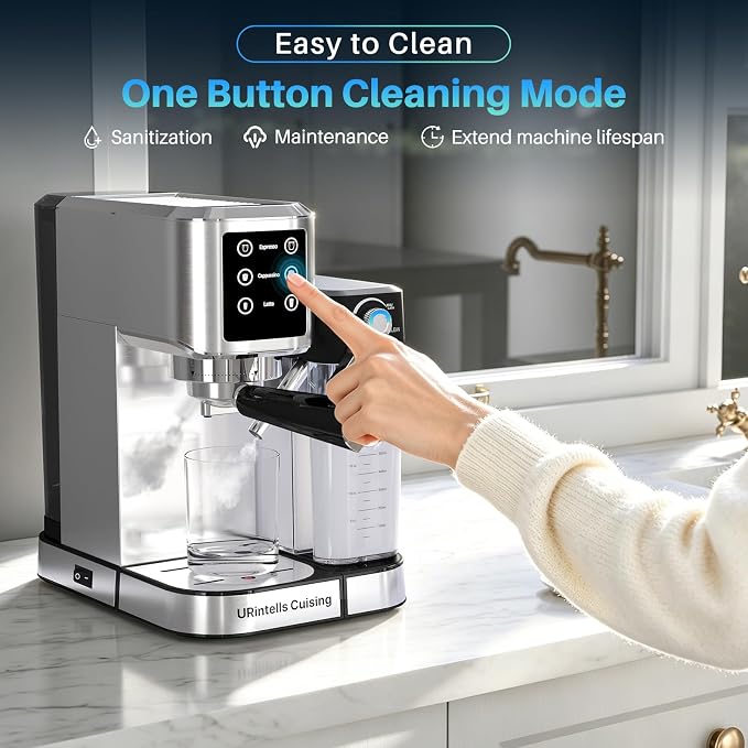 URintells Cuising Espresso Machine 4-in-1 Touchscreen Espresso Maker Hands-Free Milk Frother for Cappuccino Latte,Stainless Steel Coffee Machine with Dual Heating System and Clean Function