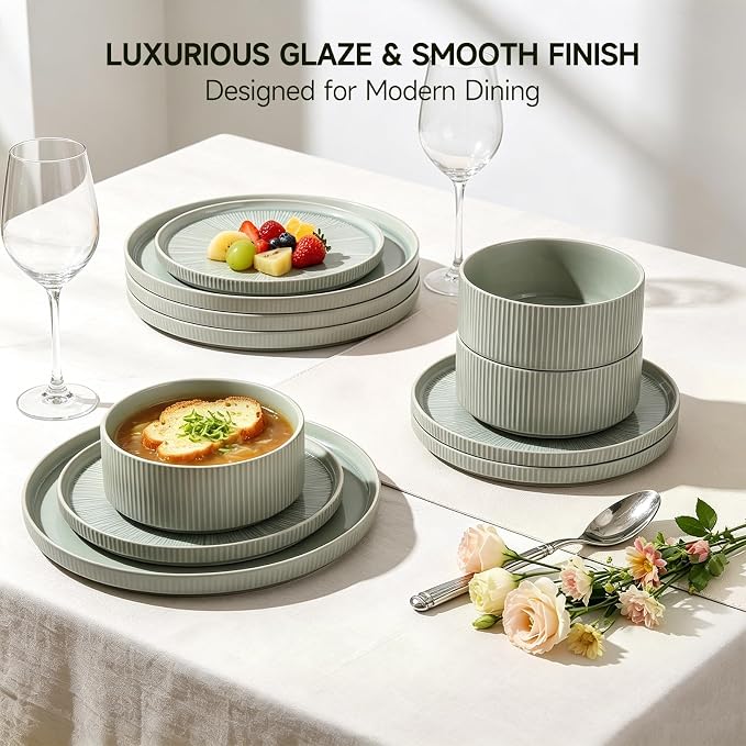 Dinnerware Sets for 4, Ceramic Plates and Bowls Set 12 Piece Dinnerware Chip Resistant Stoneware with Advanced Inkjet Printing Technology, Dishwasher and Microwave Safe-Sage Green