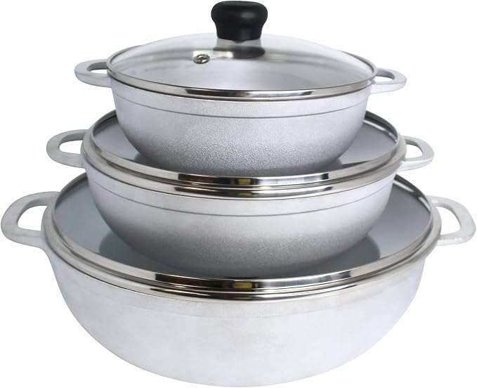 IMUSA Caldero Stock Pot with Glass Lid 3pc Set, 1.5/2.5/5.2qt, Cast Aluminum, Perfect for Serving Medium & Small Groups, Riveted Handles, Made in Colombia, Silver.