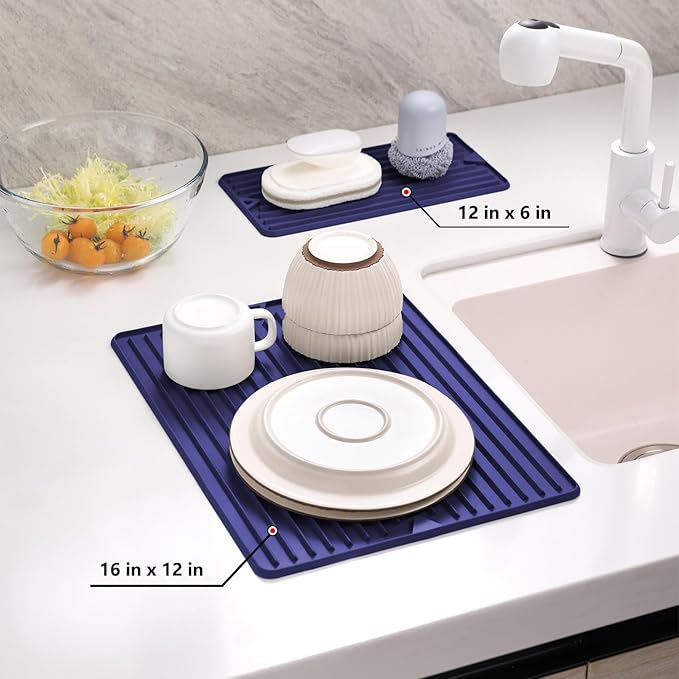 Dish Drying Mat, 16" x 18" Silicone Drying Mat for Kitchen Counter, Large & Thicker Silicone Dish Drying Pad with Raised Edges for Countertop, Multi-Purpose & Heat Resistant