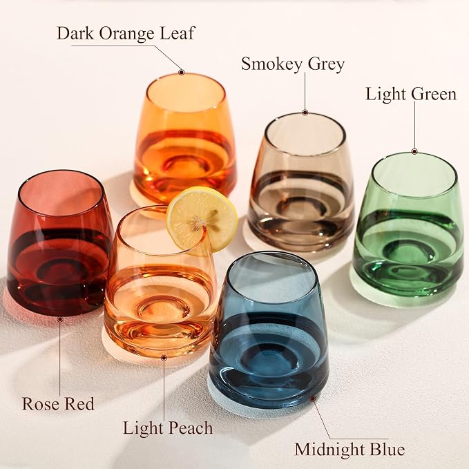 Colored Stemless Wine Glasses Set of 6-15 oz Hand-Blown Crystal Colored Glassware, Multicolor Glassware for Lovers, Wedding, Birthday, Christmas, Housewarming Gifts for Women
