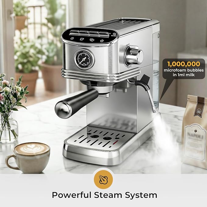 Kismile Espresso Machine with Milk Frother, 20 Bar Compact Espresso Maker with 45 OZ Removable Tank, Stainless Steel Coffee Machine for Home, Office, Latte, Cappuccino Silver