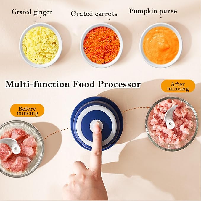 Food Chopper, Cordless Electric Food Processor, Mini Meat Grinder with 2 Blades and Dual Glass Bowls, for Meat, Vegetables, Fruits, Salad, Onion, Baby Food (Blue)