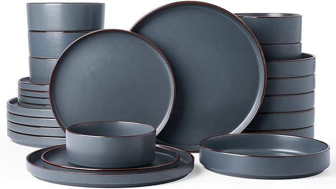 Famiware Nebula Ridge Stoneware Dinnerware Sets with Pasta Bowls, Plates and Bowls Sets, Service for 6 (24 Pieces), Microwave and Dishwasher Safe Kitchen Plates, Charcoal
