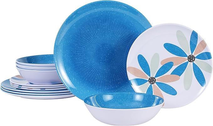 Melamine Dinnerware Set 12 Pieces Outdoor, Spring Party Blue | Flowers Pattern, Unbreakable Plates & Bowls, Dishwasher Safe, Lightweight, For Picnic Pool Party Camping