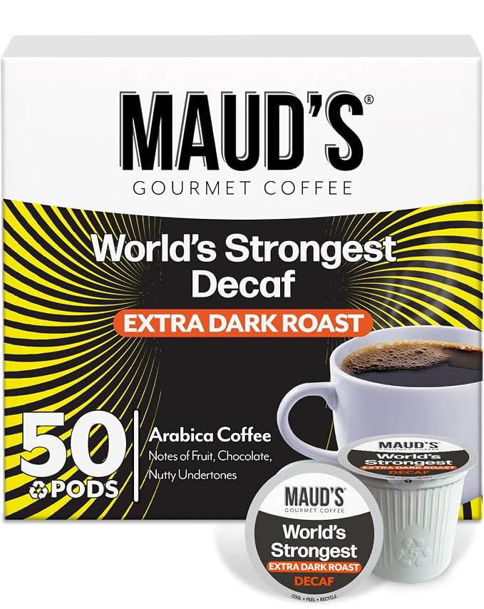 Maud's World's Strongest Decaf Coffee Pods, 50ct, Decaffeinated Dark Roast Coffee in Single Serve Pods – 100% Arabica Coffee, Compatible with Keurig K Cups Maker