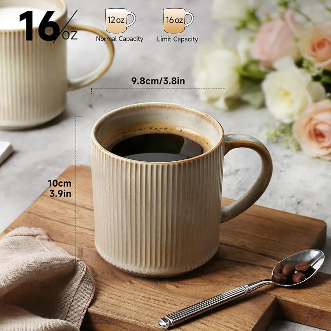 MONITO Coffee Mugs Set of 6, 16 oz Mugs Set, Ceramic Coffee Cups with Large Handles, Suitable for Lattes, Hot tea, Cappuccinos, Mochas and Cocoa,Bonbon Beige