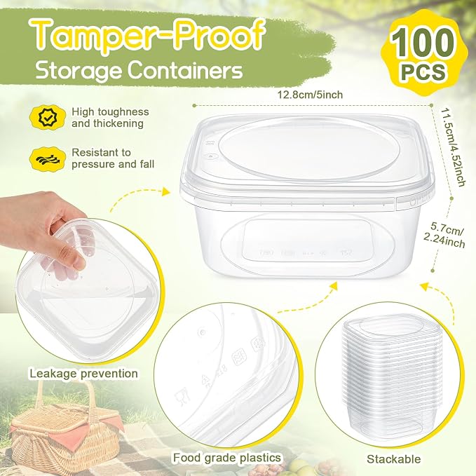 100 Pack 16 oz Deli Containers with Lids, Tamper Proof Leak Resistant Clear Plastic Food Storage Containers, Airtight Meal Prep Container for Soup Salad Tiramisu, Microwave & Dishwasher Safe