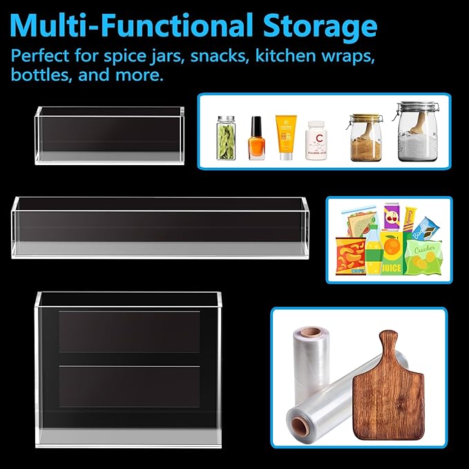 Magnetic Spice Rack Organizer for Refrigerator, Acrylic Magnetic Storage Shelf Set (5 Pack, 3 Sizes), Strong Fridge Organizer for Spices, Bottles, Wraps & Snacks, Space-Saving Kitchen Storage Solution