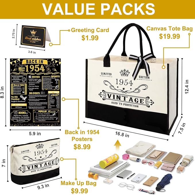 YeohJoy 72nd Birthday Gifts for Women Canvas Tote Bag Travel Gear, Unique 72 Years Old Birthday Gifts for Mom Aunt Friends Wife Sister Her, Vintage 1954 Handbag & Cosmetic Bag & Back in 1954 Poster
