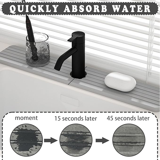Kitchen Sink Splash Guard - Diatomite Kitchen Faucet Absorbent Mat,Faucet Mat for Kitchen Sink,Super Absorbent,Prevents Moisture Buildup-Diatomaceous Fast Drying Stone Sink Tray(Gray, 15.7" X 3.9")