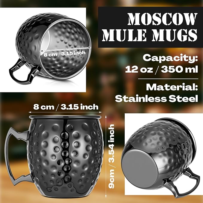 Hoolerry 12 Pcs Moscow Mule Mugs Bulk Black Stainless Steel Moscow Copper Plating Cups with Handle 12 oz Hammered Finish Cup for Chilled Drinks Coffee Wine Cocktail Wedding Birthday Gift