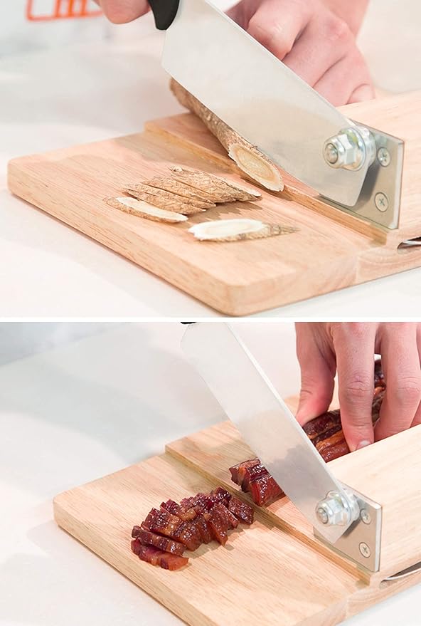 Moongiantgo Biltong Slicer Jerky Slicer Cutter with Built-in Knife Sharpener Detachable Knife Rubber Wood Base for Beef Jerky Deli Delicatessen Bacon Hard Fruits Vegetables Herb Ginseng Pastry