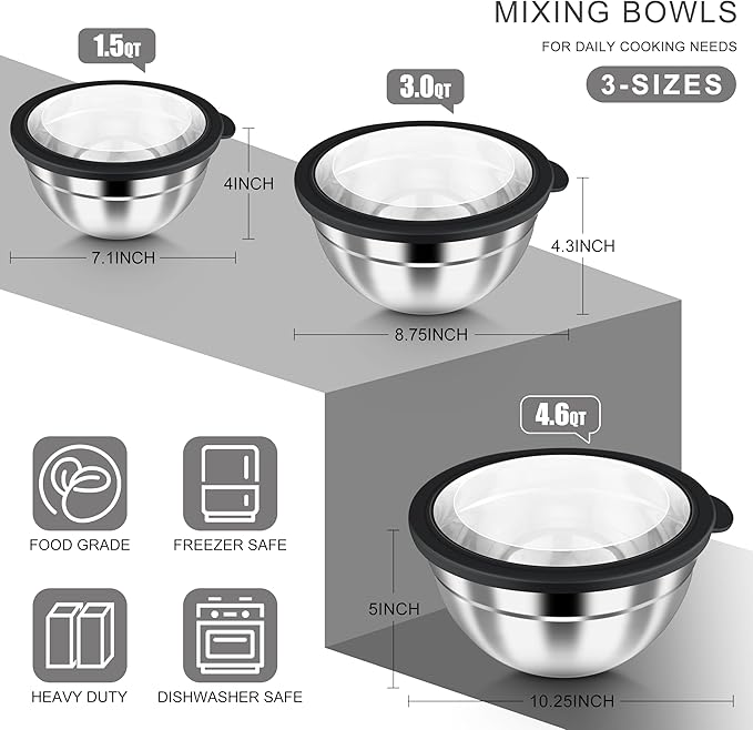 HaWare 20PCS Kitchen Gadgets Set, 14PCS Silicone Kitchen Cooking Utensils Set and 6PCS Mixing Bowls with Airtight Clear Lids (Size 4.6, 3, 1.5QT), Black