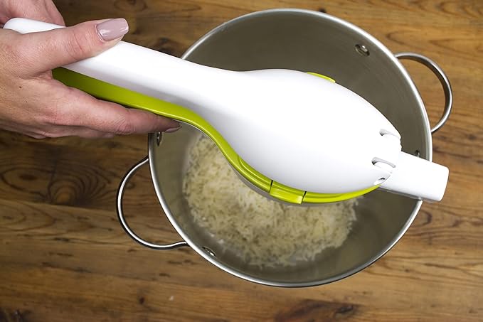 RSVP International (SPUD) Potato Ricer, White/Green | Mash Potatoes, Fruits, Vegetables & More | Includes Medium & Coarse Plates | Pot Resting Extension | Dishwasher Safe