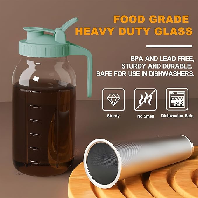 JunVpic Cold Brew Coffee Maker Jar - 64oz Thick Glass Multipurpose Mason Pitcher Spout Lid with Handle & Stainless Steel Filter for Iced Coffee, Lemonade, Ice Tea, Homemade Fruit Drinks Container