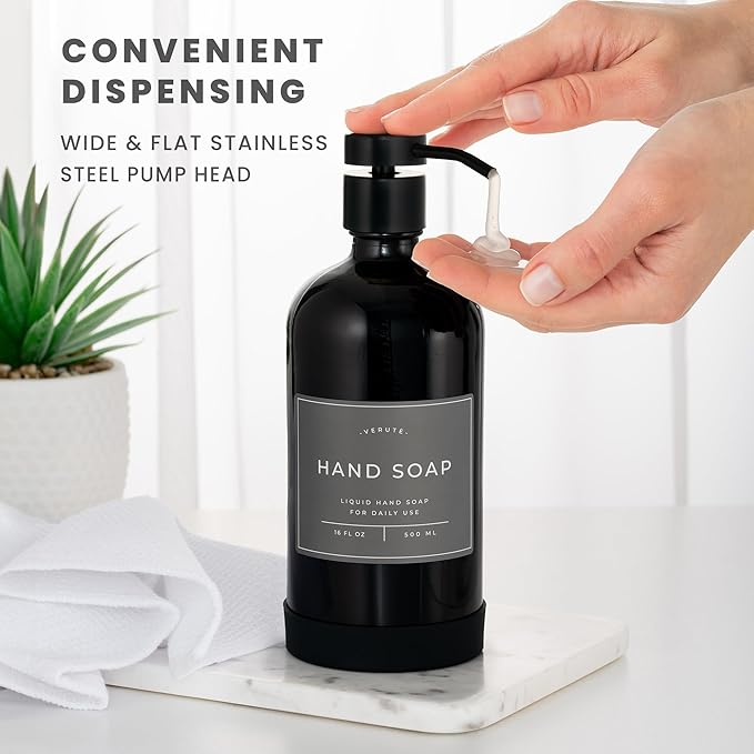 Hand and Dish Soap Dispenser for Kitchen and Bathroom, Set of 2 16 Oz Glass Bottles, Stainless Steel Pumps, Non-Slip Silicone Base, 27 Waterproof Labels (Gloss Black Bottle/Black Pump)