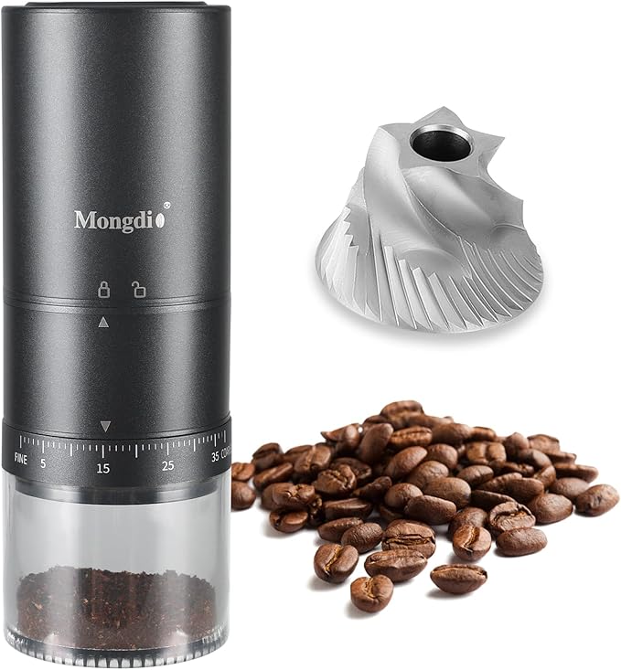 Mongdio Portable Electric Coffee Bean Grinder with 38 Adjustable Settings, Electric Burr Coffee Grinder Stainless Steel Core, For Traveling, Camping, Office, Black