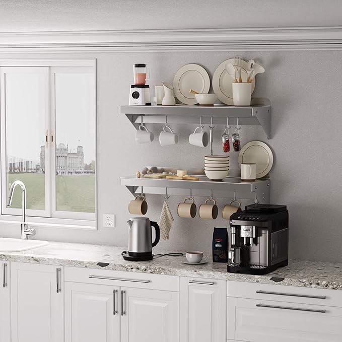 12" x 36" NSF Certified Stainless Steel Wall Mount Shelf - Multifunctional Metal Storage Rack with Backsplash and 6 Hooks
