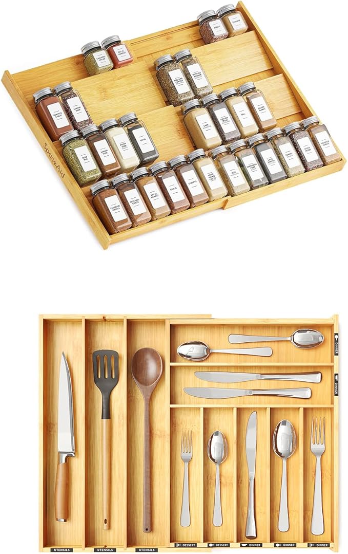 SpaceAid Bamboo Spice Drawer Organizer and Bamboo Silverware Drawer with Labels Kitchen Utensil Expandable Tray Holder Organizer for Flatware