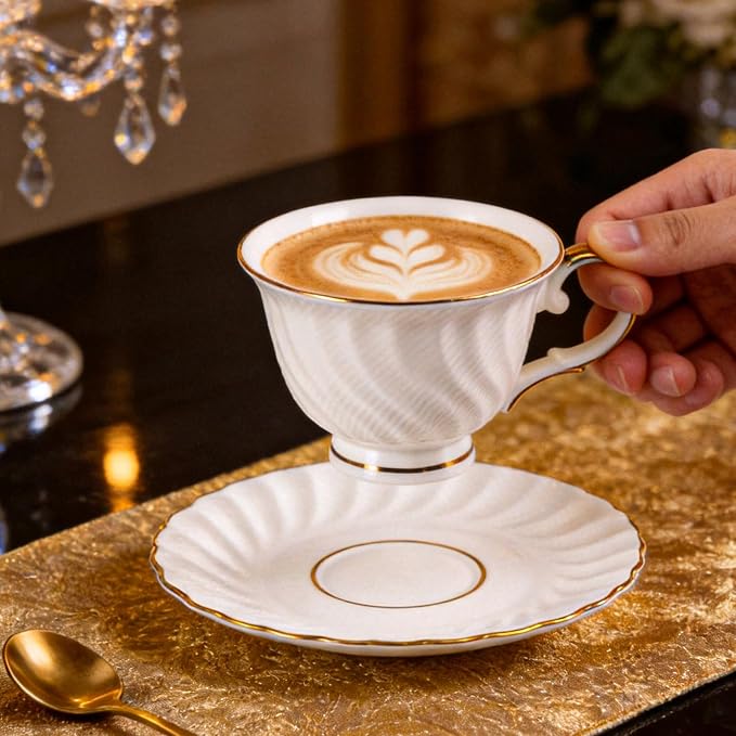 KAMMAK Tea Cups and Saucers Set of 2, Fine Bone China Coffee Cups, Stackable Espresso Mugs, Ceramic Demitasse for Coffee, Cappuccino, Latte, Americano, Tea, Sea Treasure (White + Blue)