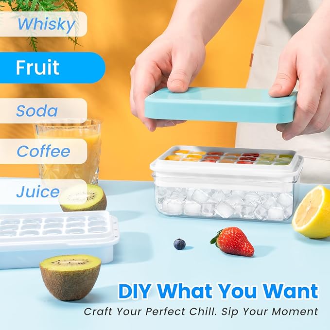 Ice Cube Tray with Lid and Bin, 28 pcs Ice Cubes Molds, Ice Trays for Freezer, Ice Cube Tray Mold, with 1 tray, Ice Freezer Container, Spill-Resistant Removable Lid & Ice Scoop, for Whiskey,Cocktail