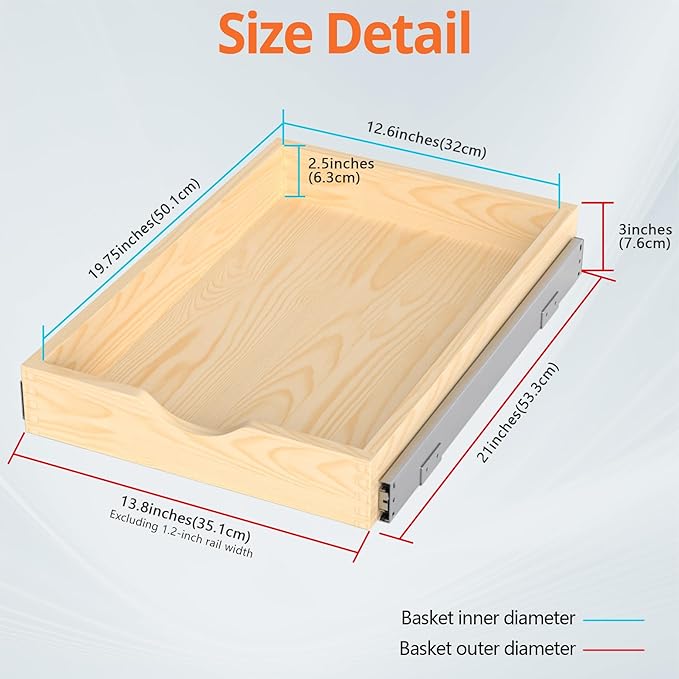 ZOINLIY 15''W X 21''D X 3''H Wooden Pull Out Drawer for Cabinet, Cabinet Organizer for Kitchen, Soft Close Slide Out Shelves, Heavy Duty, Fully Expandable - Bottom Mounting