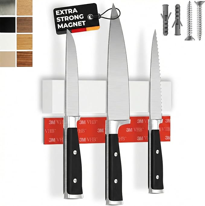 CUCINO Magnetic Knife Holder for wall, 10" no drilling required, includes self-adhesive tape, extra strong for holding knives – Awarded magnet strip – White Rubber