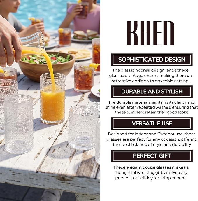Khen Plastic Hobnail Drinking Glasses Set of 12 Clear Color Cups 6x 10oz Lowball & 6x 1oz Highball Acrylic Beaded Design, BPA-Free, Dishwasher Safe Indoor/Outdoor Drinkware Water, Juice, Cocktails