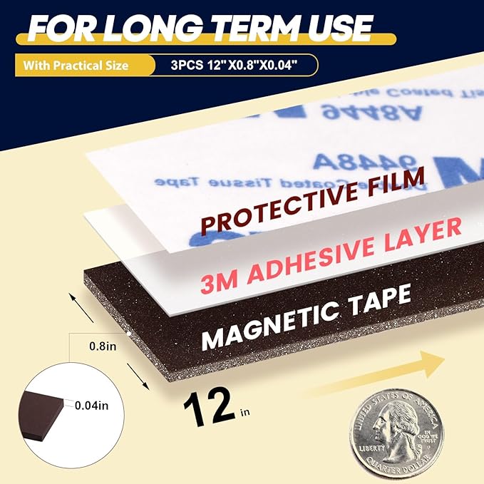 Extra Strong Flexible Magnetic Tape 12 X 0.8"(3 Pieces),40 Mil Neodymium Strips of Magnet with Sticky Adhesive Backing, Really Very Strong Magnets,Super NdFeB Magnet Tapes Mounting Tools and DIY