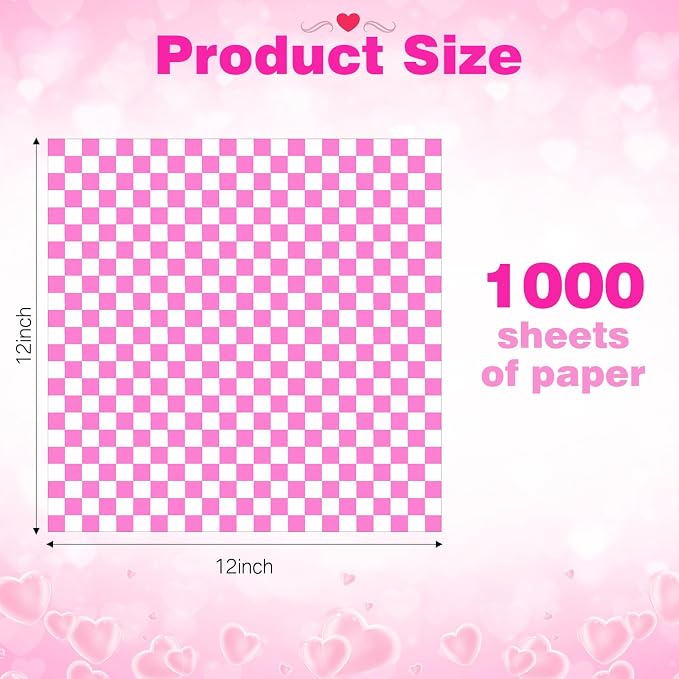 Spakon 1000 Sheets Wax Deli Paper Sheets for Food 12 x 12 Inch Checkered Dry Waxed Deli Basket Liners for Sandwich Wrapping, Food Basket Liners, Picnic party(Hot Pink-white)