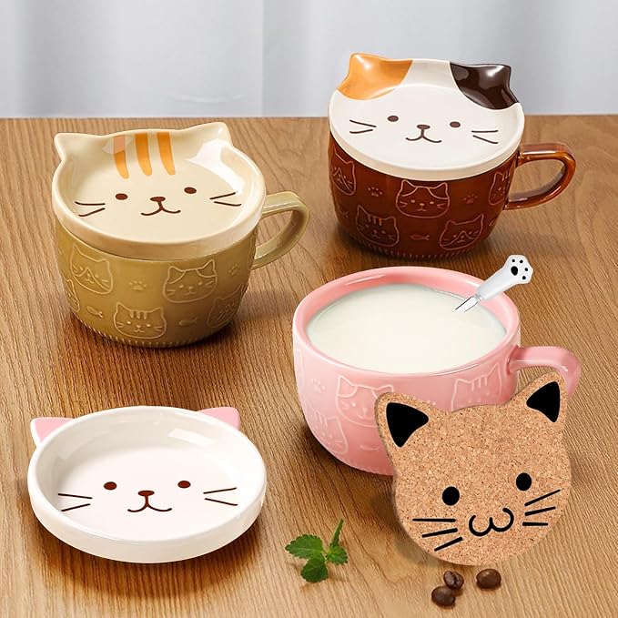 BigNoseDeer 2PCS Kawaii Cat Mug - Pink and Brown Ceramic Coffee Tea Cup with Lid, Saucer - Cool Preppy Gift for Cat Lovers, Christmas 10oz