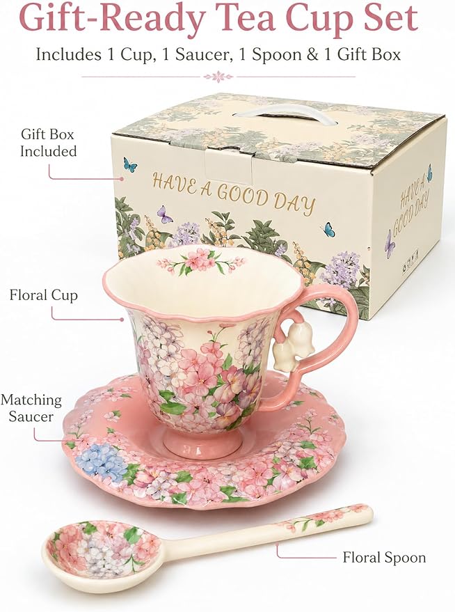 Tea Cup and Saucer Set with Spoon, Porcelain Flower Tea Cup with Saucer, Cute Vintage French Style Coffee Cup Gift Set with Box for Women and Tea Parties