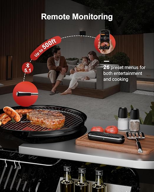 Bluetooth Meat Thermometer Wireless Probe for Smoker 500ft, Fitflavor Digital Grill Meat Thermometer Wireless for Grilling BBQ Cooking Oven, Rechargeable Batterry, IP67 Waterproof