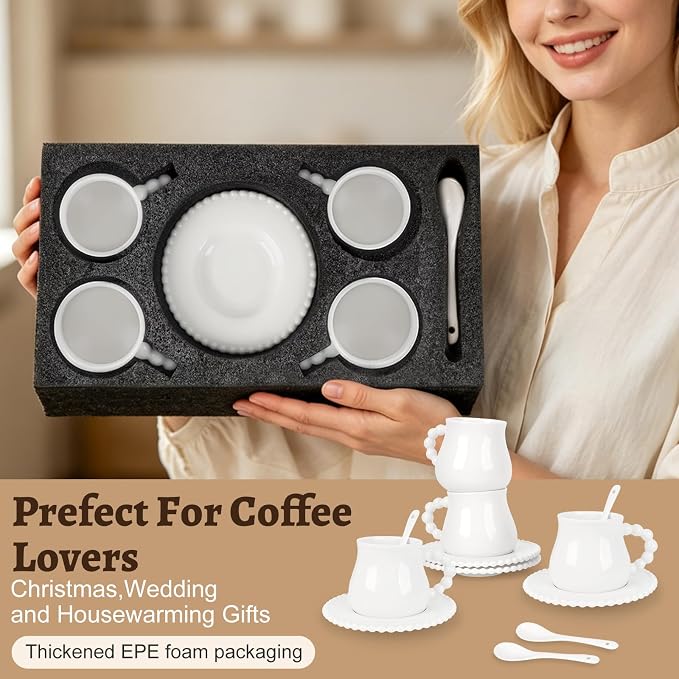 Cappuccino Cups Set of 4, 8 oz Ceramic Coffee Cup and Saucer Set with Spoons, Espresso Coffee Cup Mugs for Latte, Mocha, Tea, Au Lait, Flat White, Dishwasher & Microwave Safe