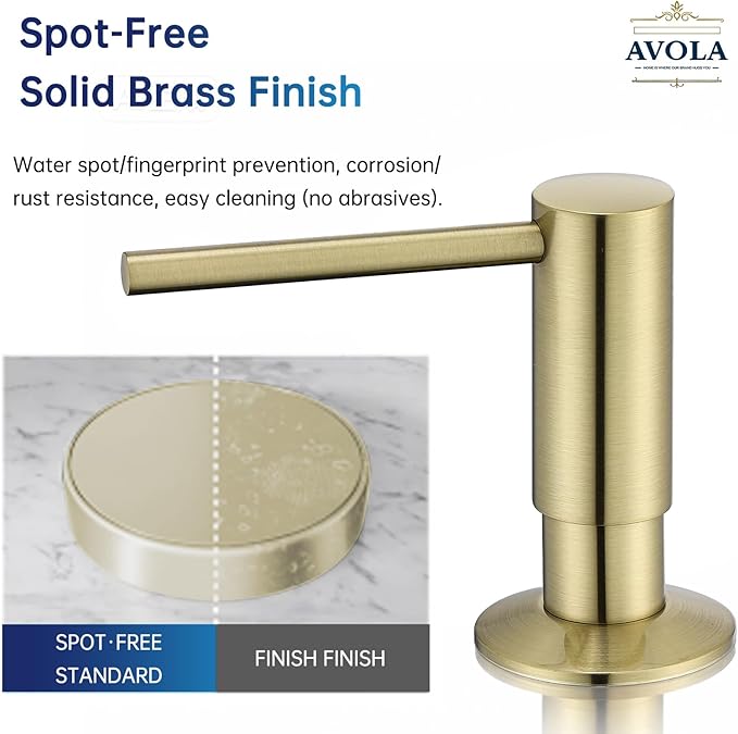 Avola Brushed Gold Sink Soap Dispenser, Solid Brass Pump Head Liquid Lotion Countertop Kitchen Bathroom Soap Dispenser with 17 OZ PET Large Bottle