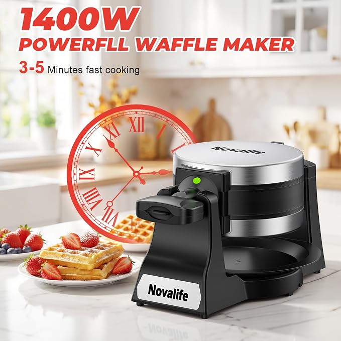 Waffle Maker, 1400W Belgian Waffle Maker, Double Waffle Iron 180° Flip, 8 Slices, Rotating & Nonstick Plates, Removable Drip Tray Easy to Clean, Locking Buckle & Cool Touch Handle