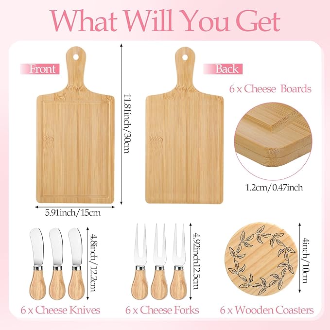 Honeydak 49 Pcs Baby Shower Prizes for Game Players 6 Sets Bamboo Cheese Board Fork Knives Coasters Towel Artificial Potted Plant Thanks Card Gift Bag for Baby Bridal Shower Wedding Favors (Pink Bow)