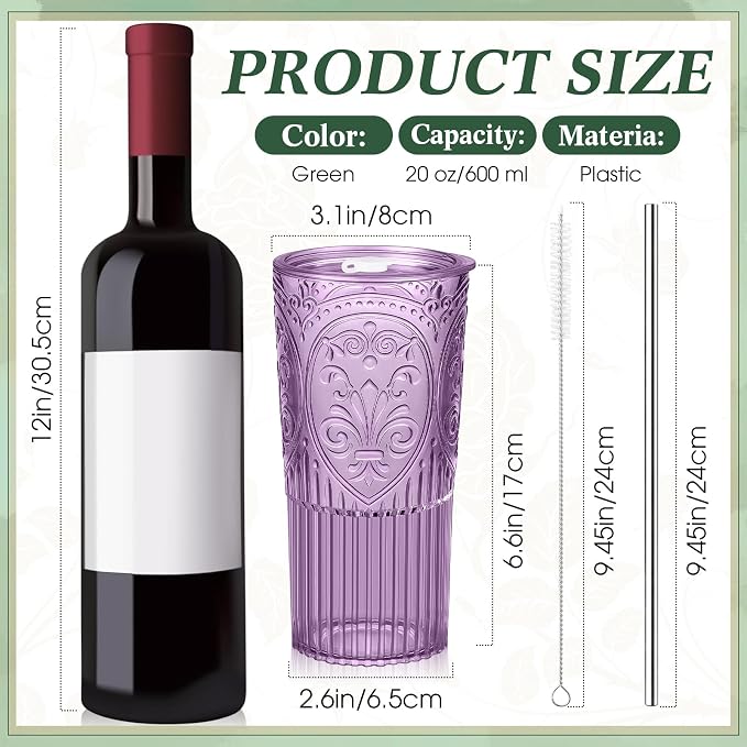 2 Set 20oz Vintage Plastic Tumbler with Lids and Straws Ribbed Floral Drinking Glasses Reusable Iced Coffee Cups for Water Juice Smoothie Cocktail Travel Party Events Gift (Purple)