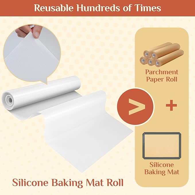 Silicone Baking Mat, 12 IN x 10 FT Free Cutting Baking Sheet,Non-Stick Reusable Dough & Pastry Mat,Non-Slip Silicone Mat Roll for Air Fryer Liner,Freeze Dryer,Oven Baking Pan,Kitchen Counter