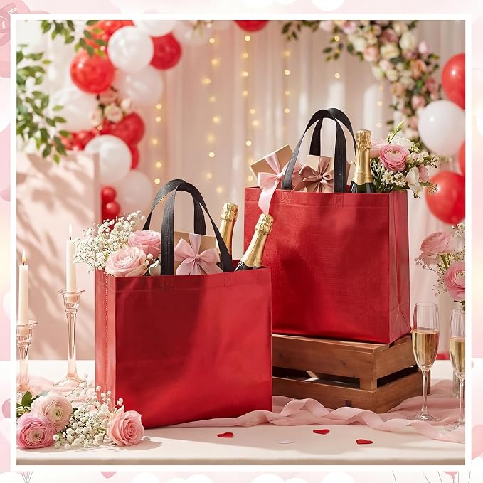 Eccliy Reusable Gift Bags Set Glossy Grocery Gift Tote Bag with Handle for Wedding, Bridal Shower, 4th of July, Summer Event(12 x 11 x 4.7 I Inch,Red,80 Pcs)