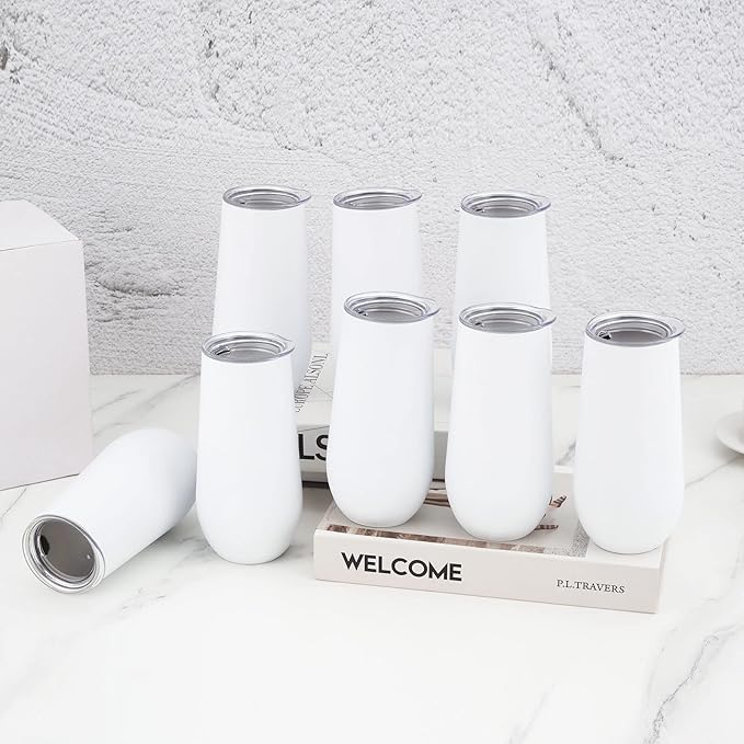 Lifecapido 8 Pack Insulated Champagne Tumblers, 12oz Champagne Flute Tumbler, Stainless Steel Stemless Champagne Glass, Unbreakable Cocktail Cups with Lid for Birthday Party Wedding Christmas (White)