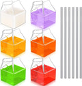 6 Pieces Clear Milk Carton Reusable Glass Container with 6 Stainless Steel Straws 12 oz Glass Milk Bottle Mini Creamer Pitcher Milk Carton Cup Hand Blown Box for Cocktail Juice Coffee Hot Water Coffee
