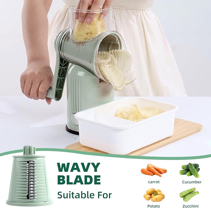 Rotary Cheese Grater with Handle, Vegetable Shredder with 5 Replaceable Blades & Strong Suction Base, Round Food Slicer & Chopper for Kitchen Fruit Vegetables Nuts with Blade Storage Box (Green)