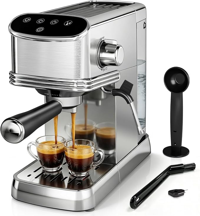 Kismile Espresso Machine 20 Bar, Small Coffee Maker with Milk Frother, Stainless Steel Coffee Machine with 45oz Removable Water Tank for Cappuccino, latte, Silver