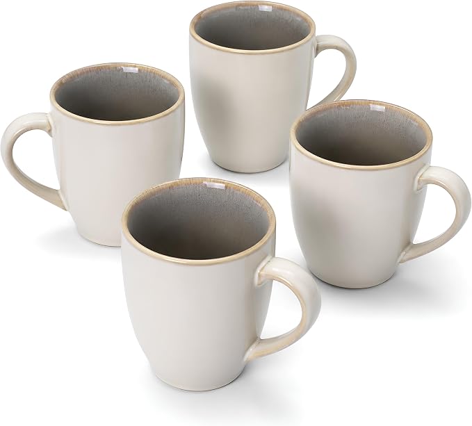 SANGO Resona Moss Stoneware Heat Resistant Coffee Mugs, Microwave and Oven Safe, 12 oz, White, 4 Count