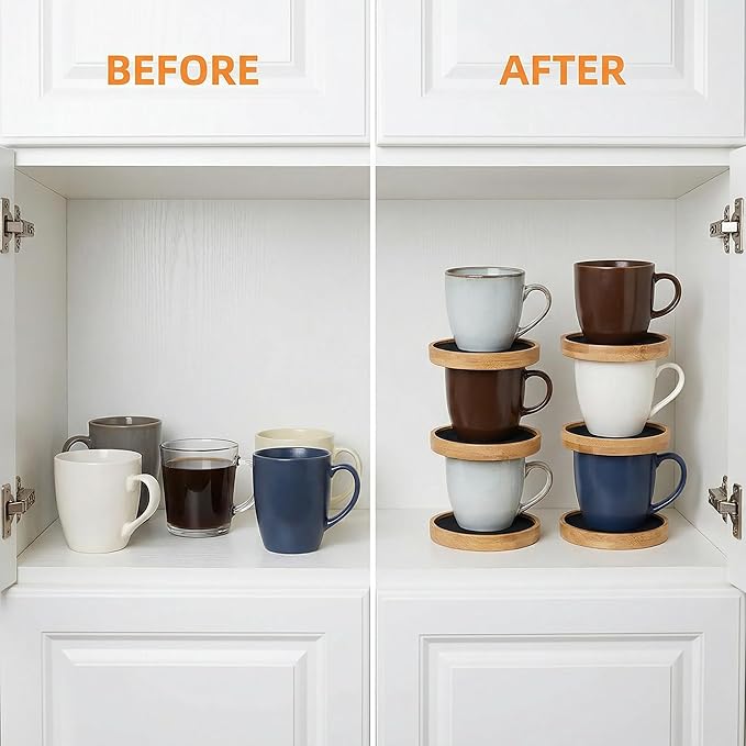 Mug Organizer - Wooden Coffee Mug Stackers, Mug Organizer for Kitchen Cabinet,Equipped with Food Grade Non-Slip Pad 6 Pack