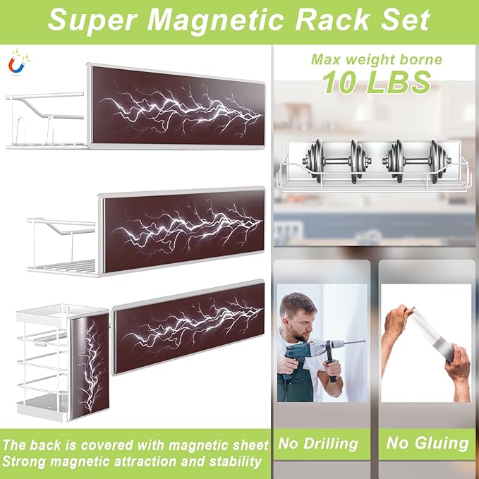 Magnetic Spice Rack for Refrigerator, 6 Pack Strong Magnet Spice Organizer with Paper Towel Holder, Utensil Holder, Moveable Magnetic Fridge Shelf for Kitchen Organization and Storage (White)